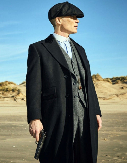 Mens Costume Thomas Shelby Grey Vested Suit with Black Overcoat & Hat