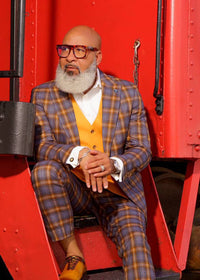 Men's Stacy Adams Bold Windowpane Plaid Print Vested Suit in Grey & Gold