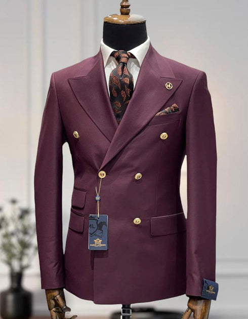 Designer Mens Double Breasted Gold Button Suit in Maroon