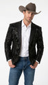 Men’s Black Sequin Western Blazer – Embroidered Cowboy Tuxedo Jacket with Rhinestone Lapels