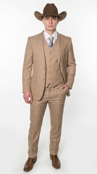 Men’s Khaki Tan Plaid Western Cowboy 3-Piece Suit – Texture Plaid windowpane Blazer, Vest & Pants