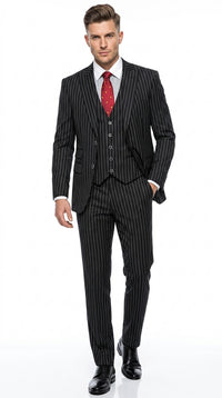 Men’s Black Skeleton Bone Pinstripe 3 Piece Suit – Gangster Style Striped Suit with Vest