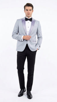 Men’s Silver Grey Dinner Jacket with Black Pants – Formal Wedding Prom Tuxedo Blazer Outfit Suit