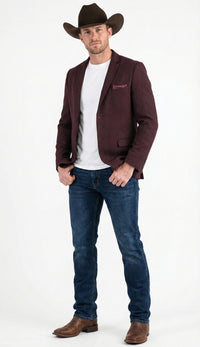 Men’s Burgundy Western  Blazer Jacket, Textured Cowboy Style Sport Coat for  - Tweed Herringbone Maroon Color