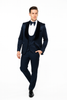 Men’s Navy Blue Jacquard Tuxedo with Black Velvet Shawl Lapel – 3 Piece Formal Suit with Bow Tie