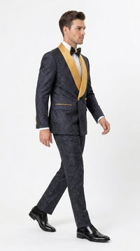 Men’s Black and Gold Hollywood Tuxedo – Double-Breasted Shawl Lapel Prom, Wedding and Formal Suit