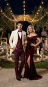 Men’s Cream Ivory and Burgundy 3 Piece Tuxedo Suit, Vested Formal Wedding Prom Dinner Suit in Cream Off White Color