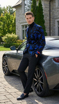 Men’s Black and Royal Blue Patterned Blazer – Paisley Floral Sport Coat Prom Jacket