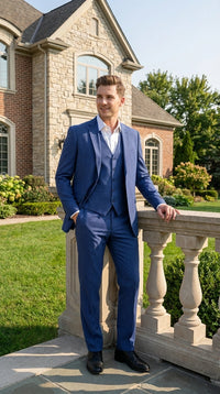 Men’s Royal Blue Pinstripe Three Piece Suit – Classic Formal 3PC Business and Wedding Suit Indigo Teal Sapphire Pinstripe