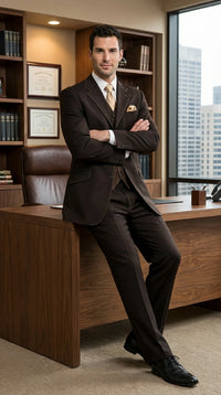 Men’s Dark choclate Brown Three Buttons 3 Piece Suit – Classic Brown 3PC Wedding, Church and Business Formal Suit for Men