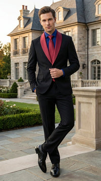 Men's Black Suit with Burgundy Shawl Lapel – Formal Tuxedo Suit for We –  OvercoatUSA