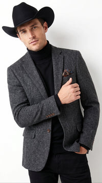 Men’s Charcoal Grey Herringbone Western Winter Blazer – Cowboy Sport Coat Jacket