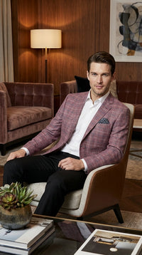 Mens Dusty Rose Mauve Pink with Tint of Blue Plaid Sport Coat Blazer – Classic Check Pattern Casual Blazer Jacket for Business Casual, Wedding