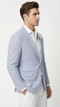 Mens Blue Seersucker Blazer – Lightweight Striped Summer Sport Coat Casual Smart Formal Jacket