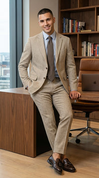 Men’s Light Tan Tweed Suit – Classic Beige Two Piece Suit, Herringbone Formal Wear, Vintage Style Business & Wedding Outfit for Men