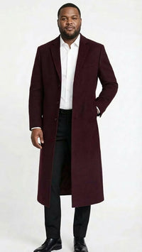 Men’s Burgundy Long Coat – Classic Fit Wool Blend Overcoat - Topcoat Full length