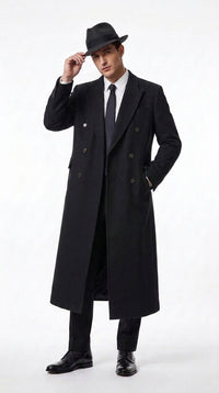 Men’s Godfather Black Double-Breasted Long Overcoat – Vintage Mobster Gangster Coat