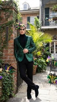 Mens Emerald Green Mardi Gras Blazer with Black Satin Lapel – Paisley Swirl Pattern Formal Party Jacket
