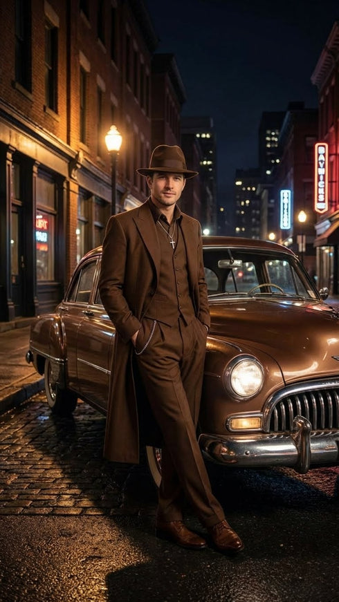 Men’s Brown 1920s Zoot Suit – Long Gangster Mafia Zuit Vintage Three-Piece Costume Set Pachuco Style