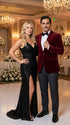 Men’s Gomez Addams Inspired Costume, Burgundy Velvet Blazer with Black Pants Formal Party Outfit Combo