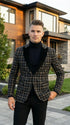 Mens Tartan Black and Gold Check Blazer – Windowpane Plaid Sport Coat Velvet Lapel Formal Party Jacket Chirsitmas New Year Holiday Jacket