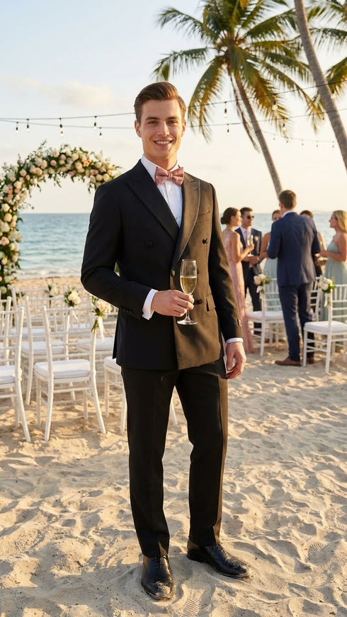 Tiglio Brand 100% Wool Super 150s Italian fabric Men’s Classic Black Double-Breasted Tuxedo with Satin Peak Lapel – Formal Wedding & Gala Suit Set