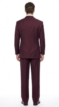 Tiglio Rosso Men’s Burgundy Wool Suit – Classic Fit Big Lapel Suit with Wide Leg Pleated Pants & Side Vents