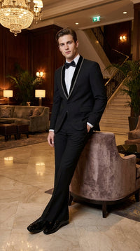 Men’s 1970s Style Black Boot Cut Tuxedo Suit – Shawl Lapel Wedding, Prom and Formal 2-Piece Suit