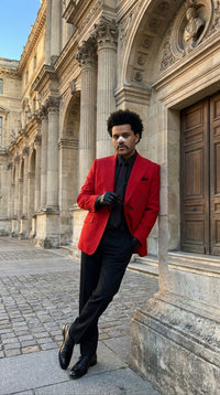 Men’s Red Blazer with Black Pants – Celebrity Inspired Wedding, Prom & Party Suit