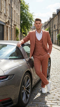 Men’s Light Rust - Peach Color - Salmon Color  3 Piece Suit Set with Vest, Classic Formal Wedding Prom Business Dress Suit