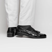 Zelli Franco Tassel Loafers in Genuine Caiman Crocodile - Black