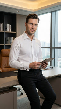 Mens White Herringbone Shadow and Tone on Tone Dress Shirt – Classic Formal Wedding