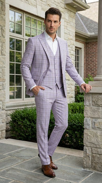 Men’s Lilac Lavender Windowpane Check 3 Piece Suit – Lilac Plaid Formal Suit with Vest for Wedding, Prom and Business Events
