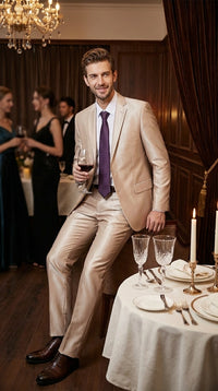 Men’s Champagne Tan Sharkskin 2 Button Suit – Shiny Formal Suit with Optional Vest for Wedding, Prom, Business Beige Color