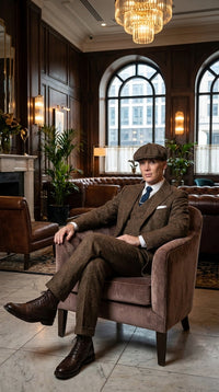 Men’s Thomas Shelby Inspired Brown Herringbone Tweed 3 Piece Suit – Peaky Blinders 1920s Vintage Suit