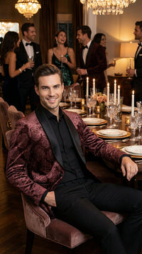 Mens Rust Copper Brick color Floral Jacquard Pasiley Blazer – Pattern Dinner Jacket with Black Shawl Lapel for Formal dinners and Wedding