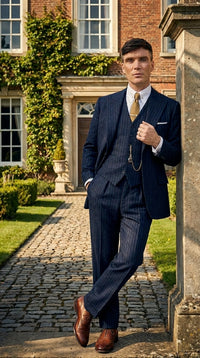 Men’s Navy Blue Pinstripe 3 Piece Suit, Thomas Shelby Inspired Vintage Formal Suit for Weddings, Parties, Prom, and Special Events