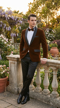 Men’s Brown Camel Bronze Velvet Tuxedo Jacket, Shawl Lapel Wedding Prom Dinner Blazer - Blazer Sportcoat