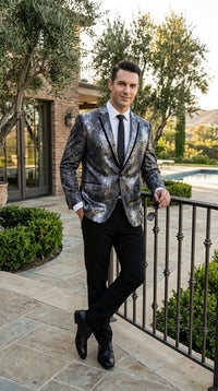 Men’s Black and Charcoal Gray Snakeskin Print Blazer, Animial Exotic Skin Alligator Crocodile Texture
