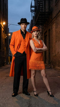 Men’s halloween Costume Orange Long Zoot Suit Set With Black Shirt and Black Pants included