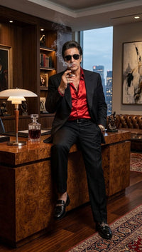 Tony Montana’s Black Blazer with Red Sateen Shirt – Men’s Black Formal Blazer and Red Satin Style Shirt Outfit for Party, Wedding and Vintage Wear