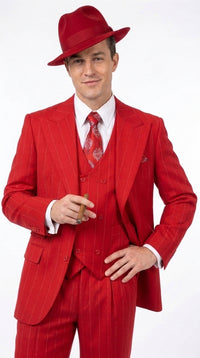 1920s Christmas Holiday Gangster Men’s Red Pinstripe 3-Piece Suit – Peak Lapel Classic Fit Pleated Pants