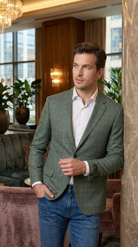 Men’s Sage Green Windowpane 2-Piece Suit – Modern Fit Plaid Wedding, Business and Formal Suit