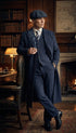 Men’s Navy Blue Herringbone Tweed  1920s 3 Piece Suit with Overcoat – Vintage Peaky Blinder Style Formal Suit Set with Blazer, Waistcoat + Overcoat + Hat