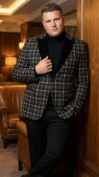 Mens Tartan Black and Gold Check Blazer – Windowpane Plaid Sport Coat Velvet Lapel Formal Party Jacket Chirsitmas New Year Holiday Jacket