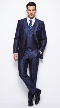 Men's Shiny Navy Blue Sateen 3-Piece Suit – Elegant Wedding, Prom Dress Suit with Matching Vest and Pants Slim Fitted