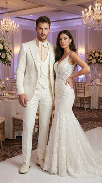 Vinci Men’s Ivory Three Piece Suit – Ivory 3PC Formal Wedding Suit for Groom, Prom and Black Tie Events