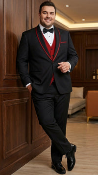 Statement Men's Black with Red Lapel Vested 100% Wool Tuxedo