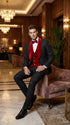Men’s Black Paisley Tuxedo with Red Velvet Shawl Lapel – 3 Piece Wedding Prom Suit With Matching Bowtie