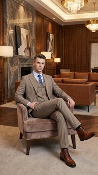 Men’s Taupe Olivish Tan 3-Piece Suit – Elegant Tan Wedding, Business & Formal Suit with Vest